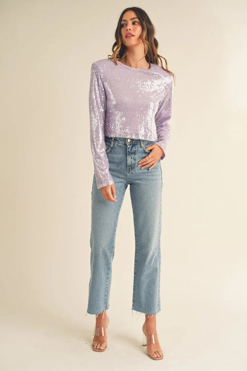 'Charlotte' Shoulder Padded Sequin Crop Top - Celes Fashion